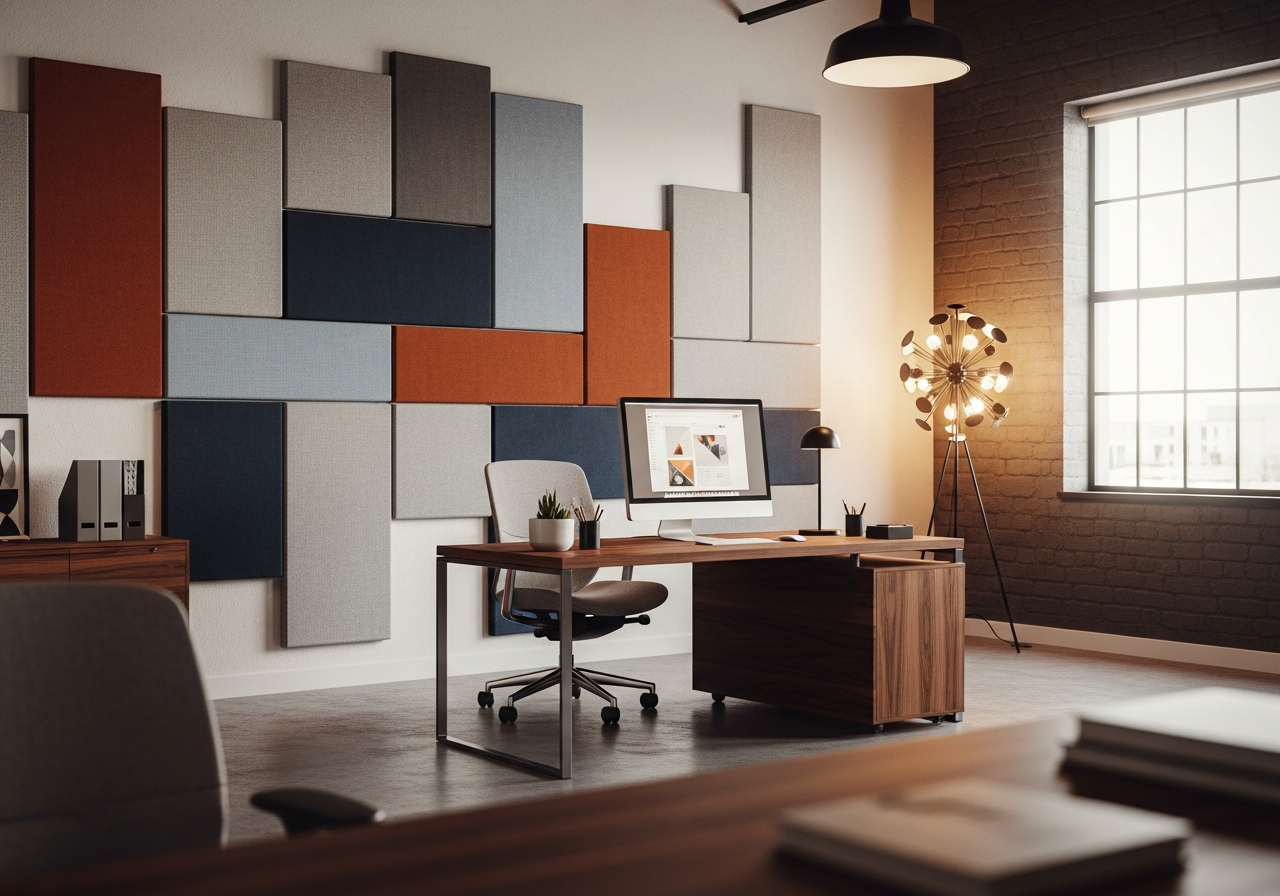 Home office with soundproof wall panels and modern furniture